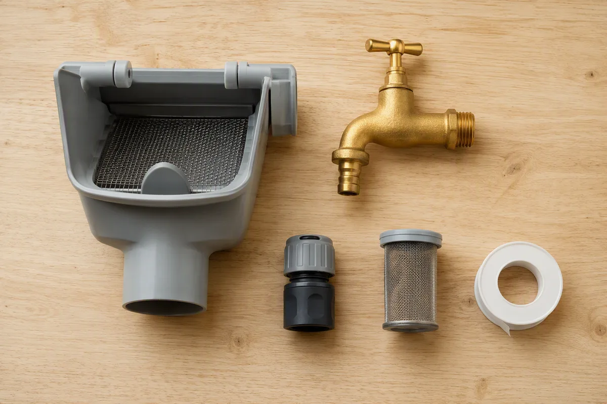 Collecteur filtrant de gouttière, robinet en laiton, raccord rapide, cartouche de filtration et ruban téflon posés côte à côte