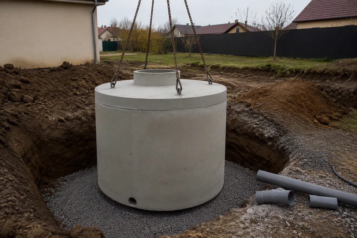Cuve de récupération en béton suspendue par ses élingues au-dessus d'une fouille, posée sur un lit de gravier, tuyaux PVC en attente au sol