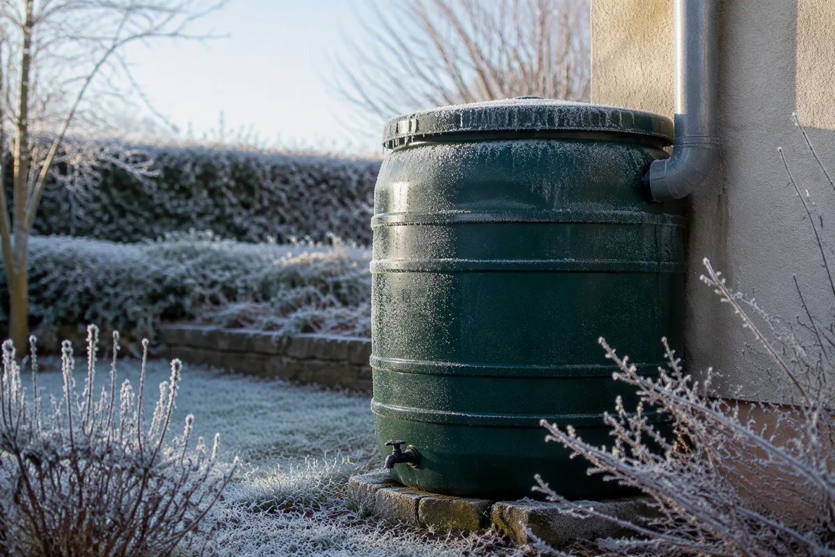 Récupérateur d'eau de pluie couvert de givre par un matin d'hiver, raccordé à la descente de gouttière contre un mur de maison